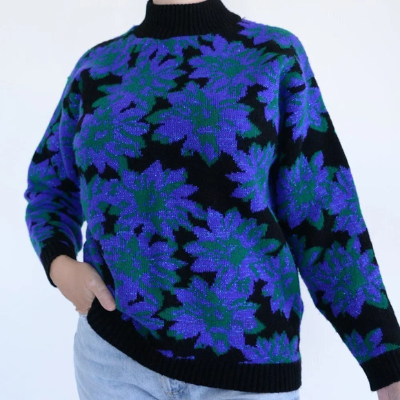 Vintage Spunky Black Purple & Green Floral Shimmer MockNeck Sweater Festive L - Picture 1 of 13